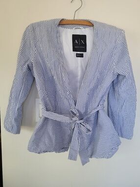 A|X Seersucker Blue & White Striped Tie Jacket
